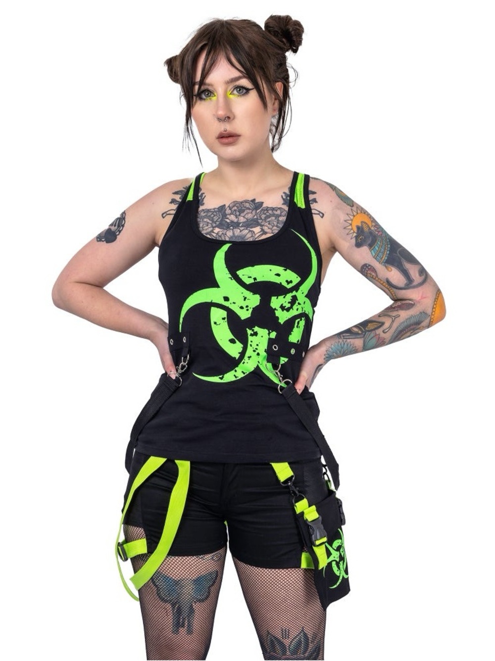 Cyber Goth Neon Green Biohazard Fishnet & Chains Tank Top